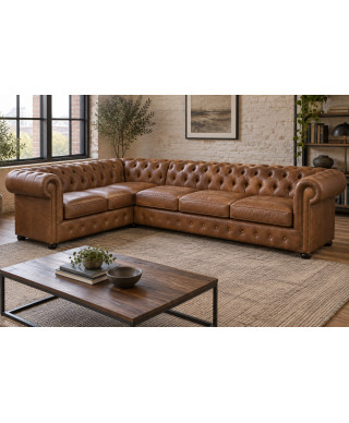 Chesterfield Classic hjørnesofa — 3x2 · ekte skinn, konjakk — interiør