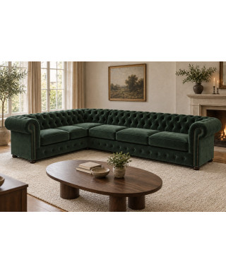 Chesterfield Classic hjørnesofa — 3x2 · stoff, flaskegrønn — interiør