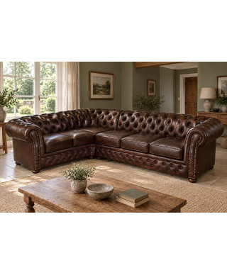 Chesterfield Windsor Ecksofa — 3x2 · Echtleder, Schokoladenbraun — Einrichtung