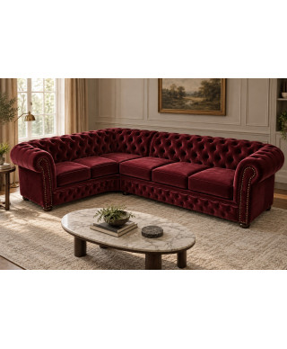 Chesterfield Windsor Ecksofa — 3x2 · Stoff, Bordeaux — Einrichtung