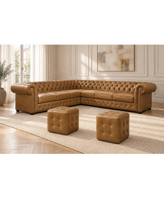 Chesterfield Classic hörnsoffa — loungehörna med sittpuffar