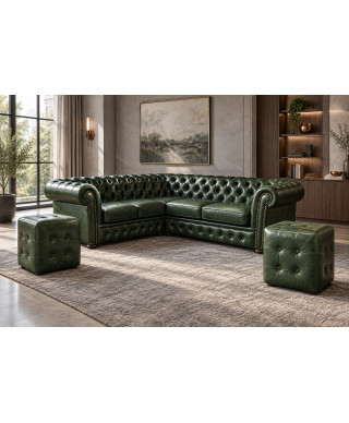 Chesterfield Windsor Ecksofa — Lounge-Bereich mit Poufs
