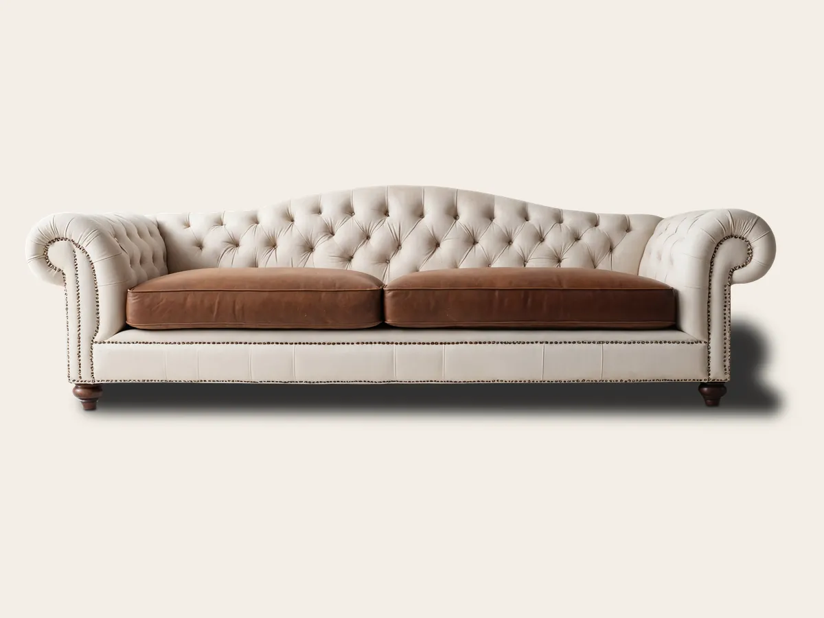 Sofa camelback z dwóch materiałów